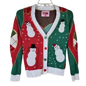 Tipsy Elves Women's Green Red Color Block Plaid Snowman Cardigan Sweater Sz S